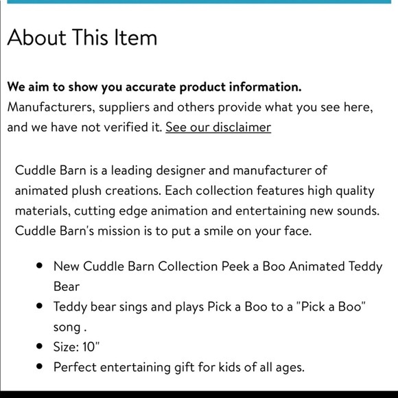 Cuddle Barn Animated Singing Teddy Bear Plush Toy - Peek a Boo Bear - Picture 8 of 8